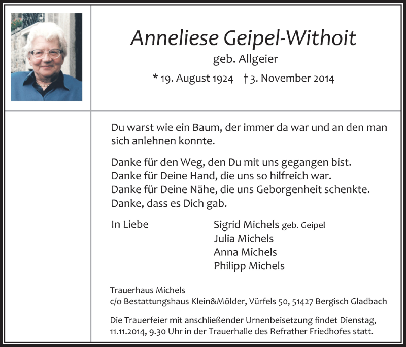 Traueranzeige für Anneliese Geipel-Withoit vom 08.11.2014 aus  Bergisches Sonntagsblatt 