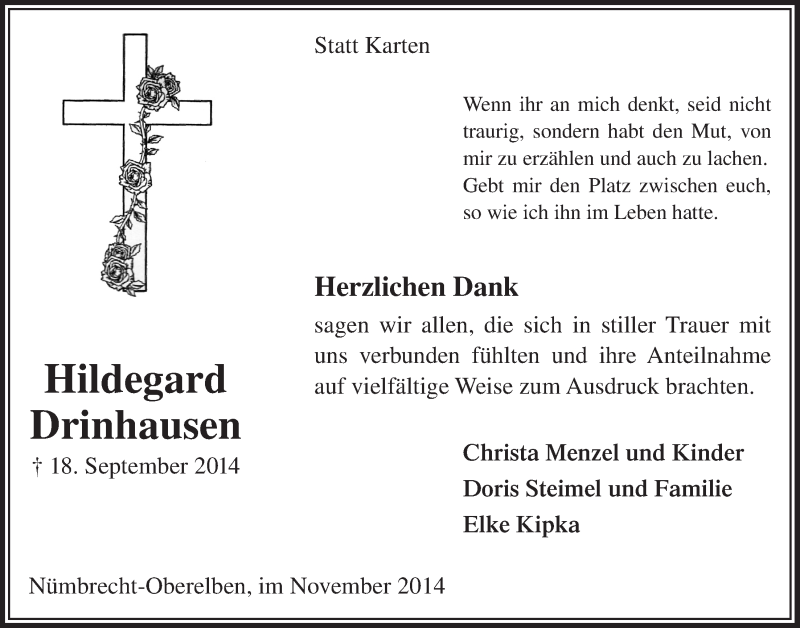  Traueranzeige für Hildegard Drinhausen vom 12.11.2014 aus  Lokalanzeiger 