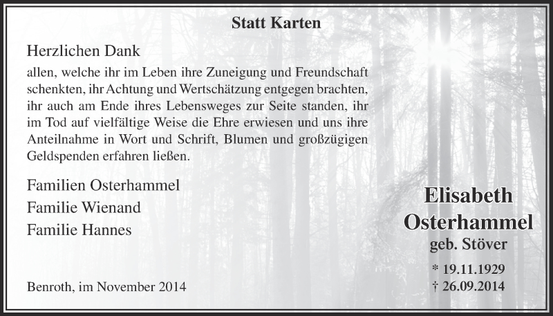  Traueranzeige für Elisabeth Osterhammel vom 12.11.2014 aus  Lokalanzeiger 