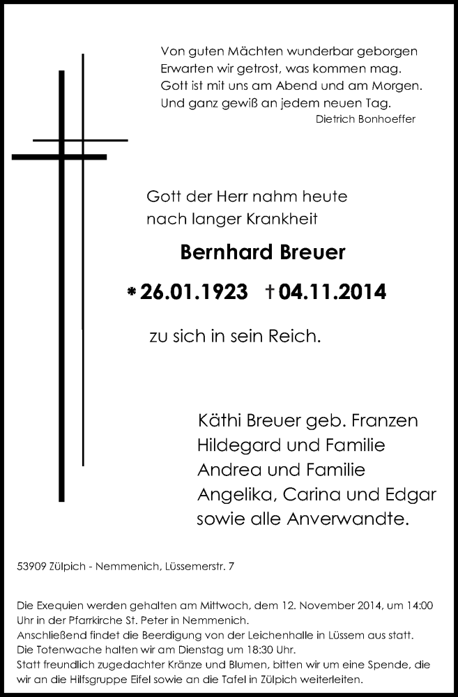  Traueranzeige für Bernhard Breuer vom 09.11.2014 aus  Blickpunkt Euskirchen 