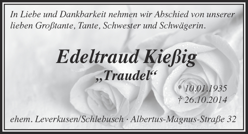  Traueranzeige für Edeltraud Kießig vom 08.11.2014 aus  Leverkusener Wochenende 