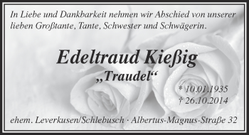 Anzeige von Edeltraud Kießig von  Leverkusener Wochenende 