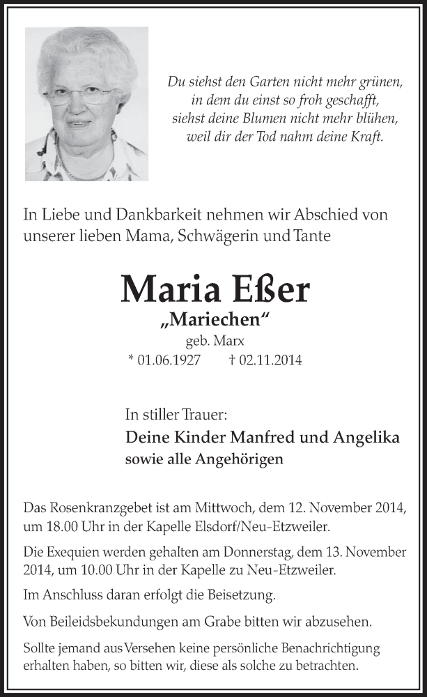  Traueranzeige für Maria Eßer vom 08.11.2014 aus  Sonntags-Post 