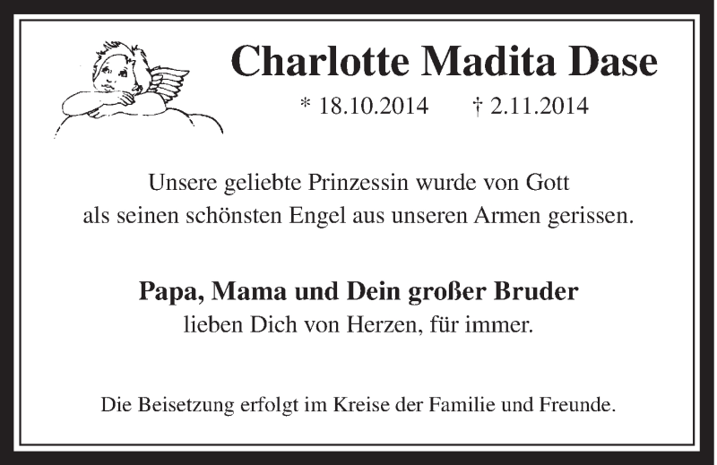  Traueranzeige für Charlotte Madita Dase vom 12.11.2014 aus  Schaufenster/Blickpunkt 