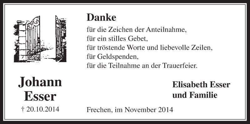  Traueranzeige für Johann Esser vom 12.11.2014 aus  Wochenende 