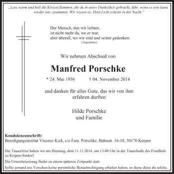 Anzeige von Manfred Porschke von  Sonntags-Post 