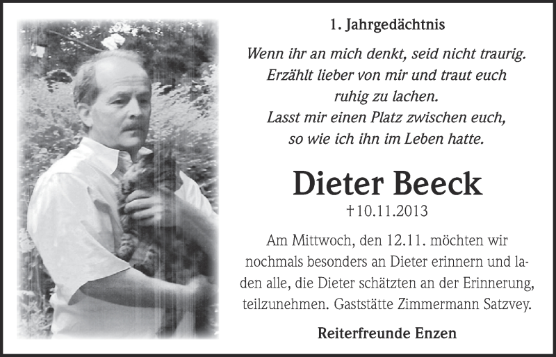  Traueranzeige für Dieter Beeck vom 09.11.2014 aus  Blickpunkt Euskirchen 