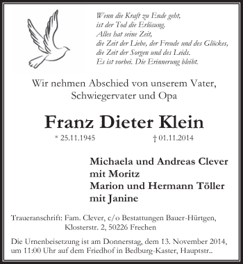 Anzeige von Franz Dieter Klein von  Sonntags-Post 