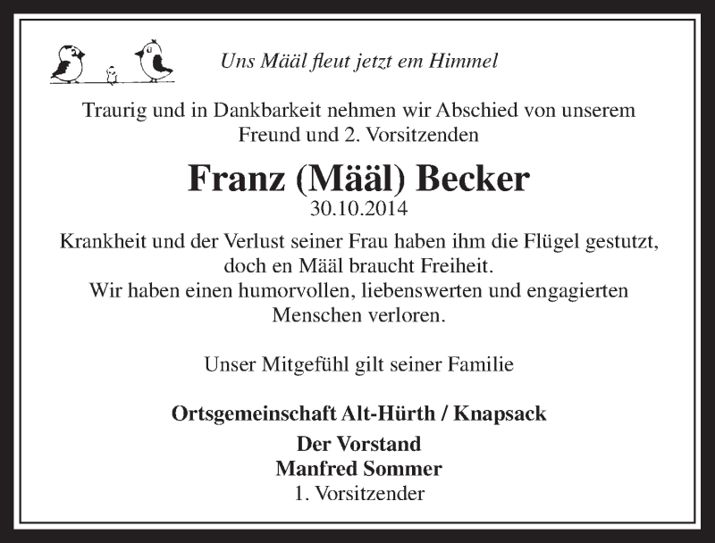  Traueranzeige für Franz Becker vom 12.11.2014 aus  Wochenende 