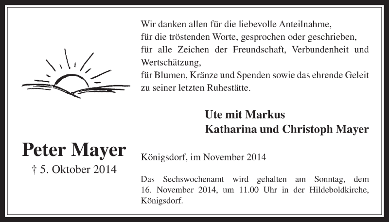  Traueranzeige für Peter Mayer vom 12.11.2014 aus  Wochenende 