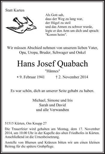 Anzeige von Hans Josef Quabach von  Bergisches Handelsblatt 