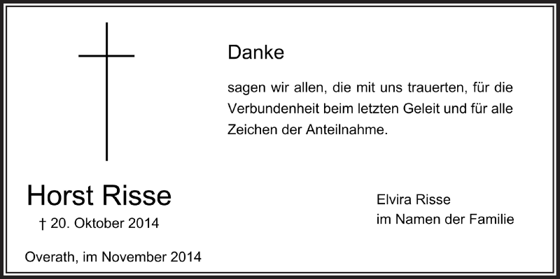  Traueranzeige für Horst Risse vom 12.11.2014 aus  Bergisches Handelsblatt 