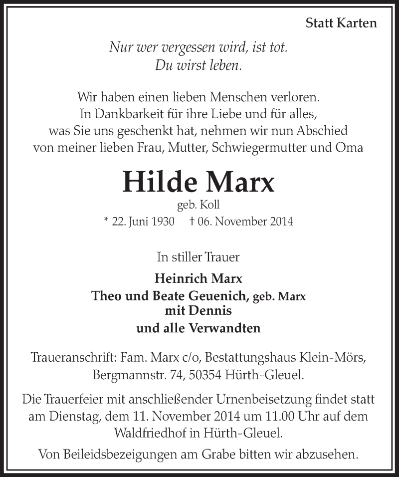  Traueranzeige für Hilde Marx vom 08.11.2014 aus  Sonntags-Post 