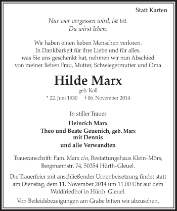 Anzeige von Hilde Marx von  Sonntags-Post 