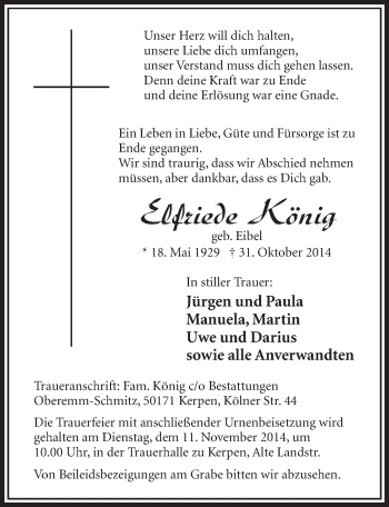 Anzeige von Elfriede König von  Sonntags-Post 
