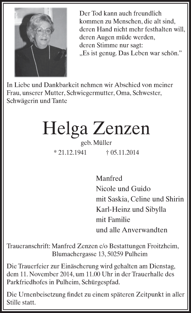  Traueranzeige für Helga Zenzen vom 08.11.2014 aus  Sonntags-Post 