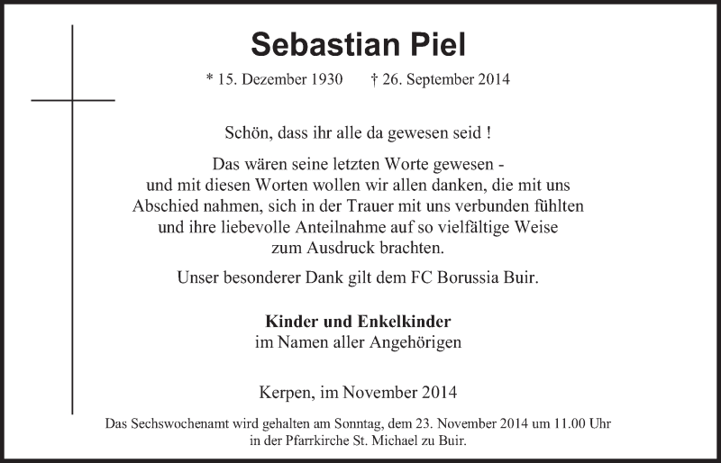  Traueranzeige für Sebastian Piel vom 12.11.2014 aus  Werbepost 