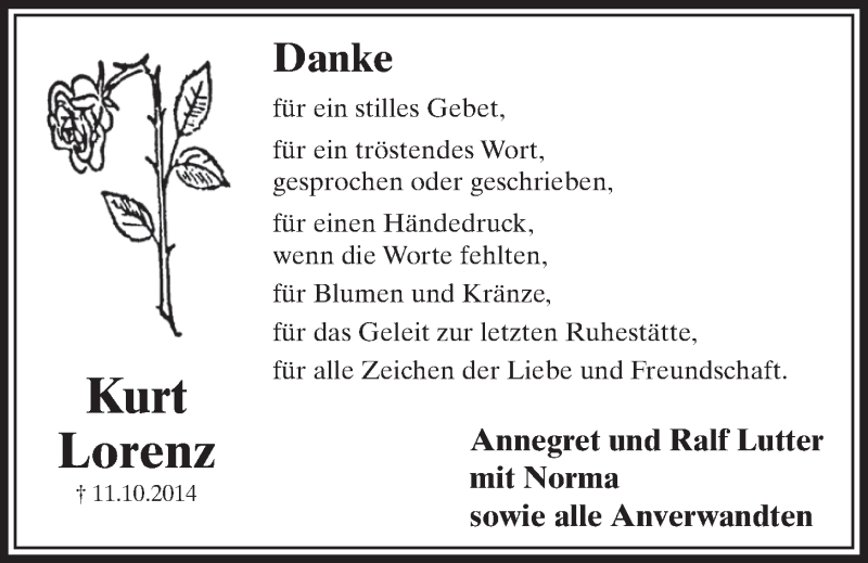  Traueranzeige für Kurt Lorenz vom 12.11.2014 aus  Schlossbote/Werbekurier 
