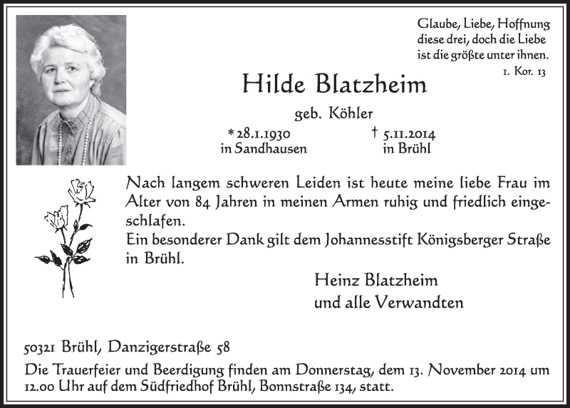 Traueranzeige für Hilde Blatzheim vom 12.11.2014 aus  Schlossbote/Werbekurier 