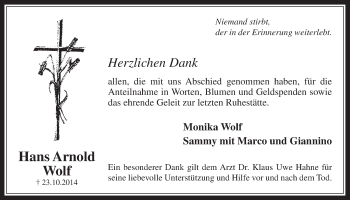 Anzeige von Hans Arnold Wolf von  Wochenende 