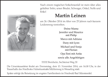 Anzeige von Martin Leinen von  Schaufenster/Blickpunkt  Schlossbote/Werbekurier 