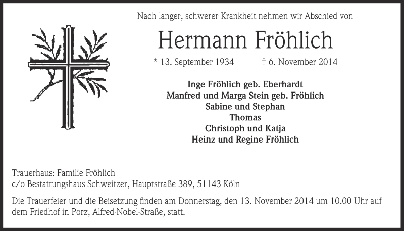  Traueranzeige für Hermann Fröhlich vom 12.11.2014 aus  Kölner Wochenspiegel 