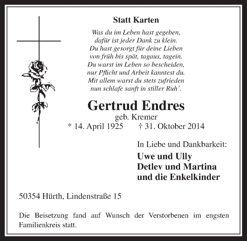  Traueranzeige für Gertrud Endres vom 12.11.2014 aus  Wochenende 