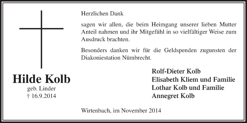  Traueranzeige für Hilde Kolb vom 12.11.2014 aus  Lokalanzeiger 