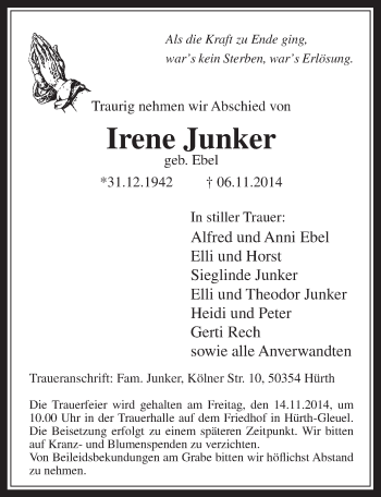 Anzeige von Irene Junker von  Wochenende 