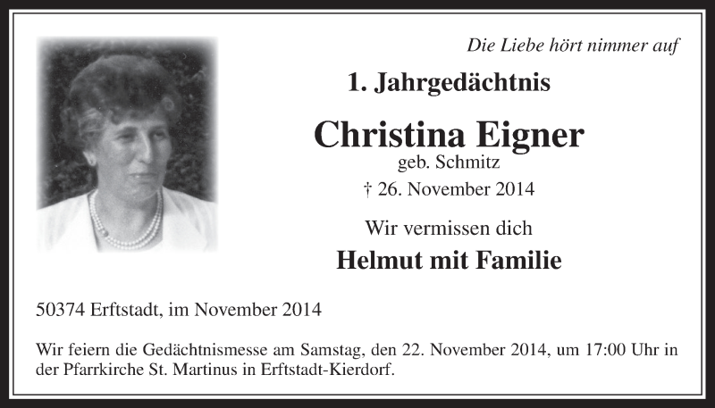  Traueranzeige für Christina Eigner vom 15.11.2014 aus  Sonntags-Post 