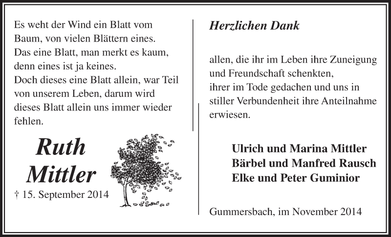  Traueranzeige für Ruth Mittler vom 12.11.2014 aus  Anzeigen Echo 