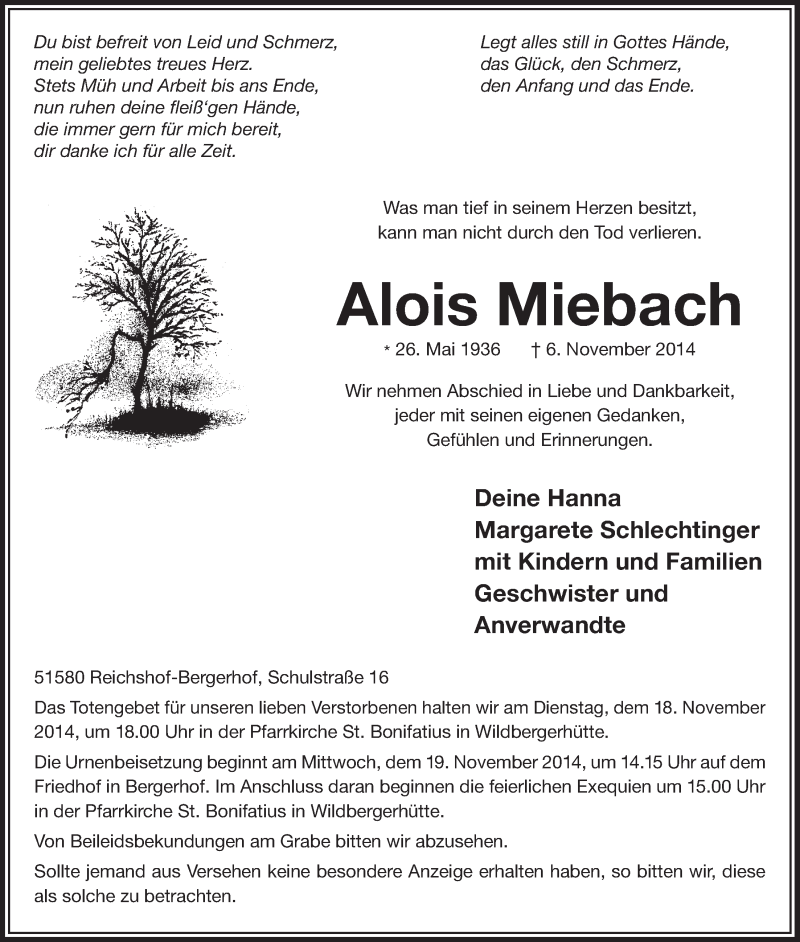  Traueranzeige für Alois Miebach vom 12.11.2014 aus  Lokalanzeiger 