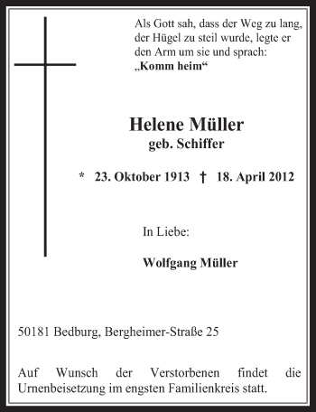 Anzeige von Helene Müller von  Werbepost 