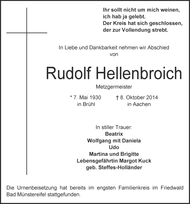  Traueranzeige für Rudolf Hellenbroich vom 12.11.2014 aus  Schlossbote/Werbekurier 