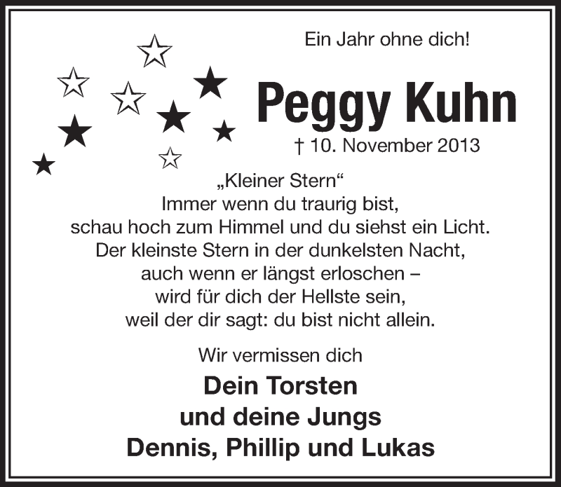  Traueranzeige für Peggy Kuhn vom 12.11.2014 aus  Lokalanzeiger 