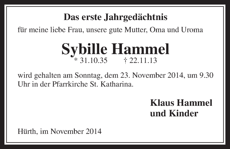  Traueranzeige für Sybille Hammel vom 19.11.2014 aus  Wochenende 