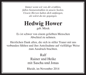 Anzeige von Hedwig Hower von  Werbepost 