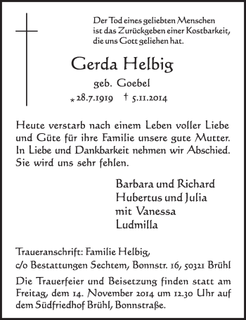 Anzeige von Gerda Helbig von  Schlossbote/Werbekurier 
