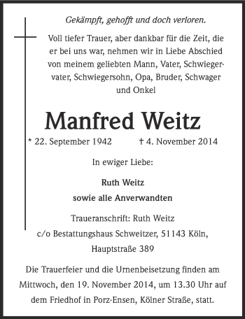 Anzeige von Manfred Weitz von  Kölner Wochenspiegel 