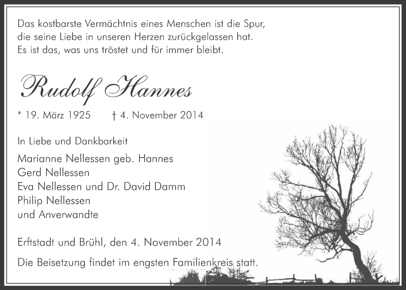  Traueranzeige für Rudolf Hannes vom 12.11.2014 aus  Schlossbote/Werbekurier 