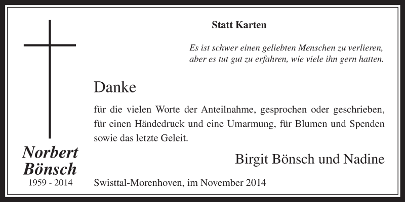  Traueranzeige für Norbert Bönsch vom 12.11.2014 aus  Schaufenster/Blickpunkt 