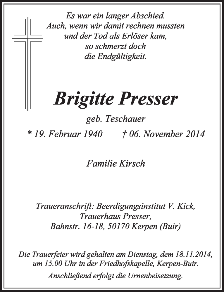  Traueranzeige für Brigitte Presser vom 15.11.2014 aus  Sonntags-Post 