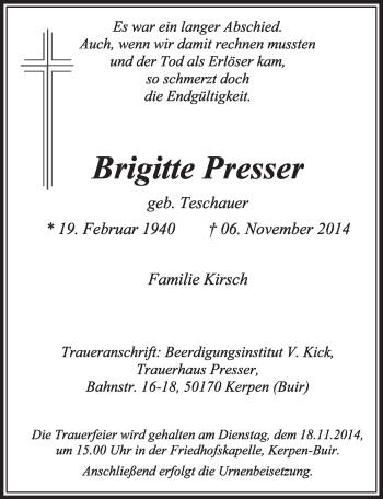 Anzeige von Brigitte Presser von  Sonntags-Post 