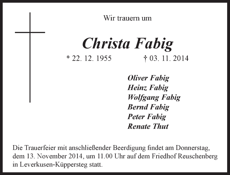  Traueranzeige für Christa Fabig vom 12.11.2014 aus  Lokale Informationen 