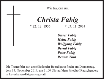 Anzeige von Christa Fabig von  Lokale Informationen 