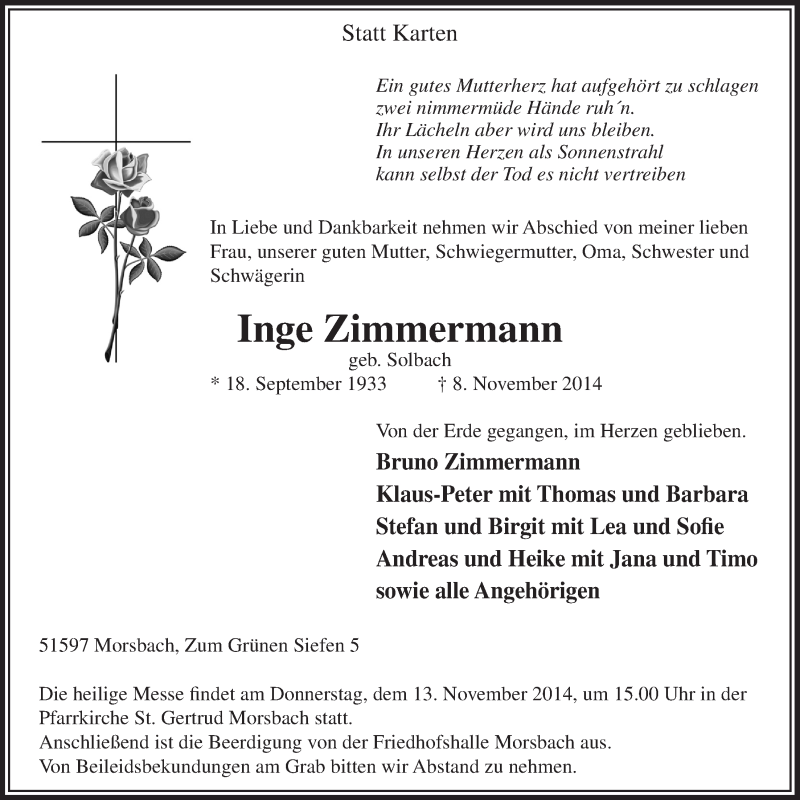  Traueranzeige für Inge Zimmermann vom 12.11.2014 aus  Lokalanzeiger 