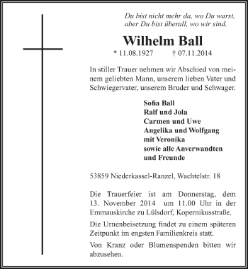 Anzeige von Wilhelm Ball von  Extra Blatt 