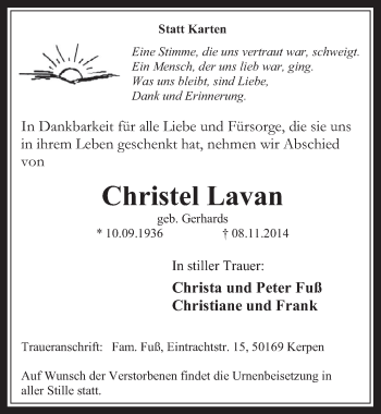 Anzeige von Christel Lavan von  Wochenende 