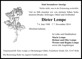 Anzeige von Dieter Lempe von  Kölner Wochenspiegel 