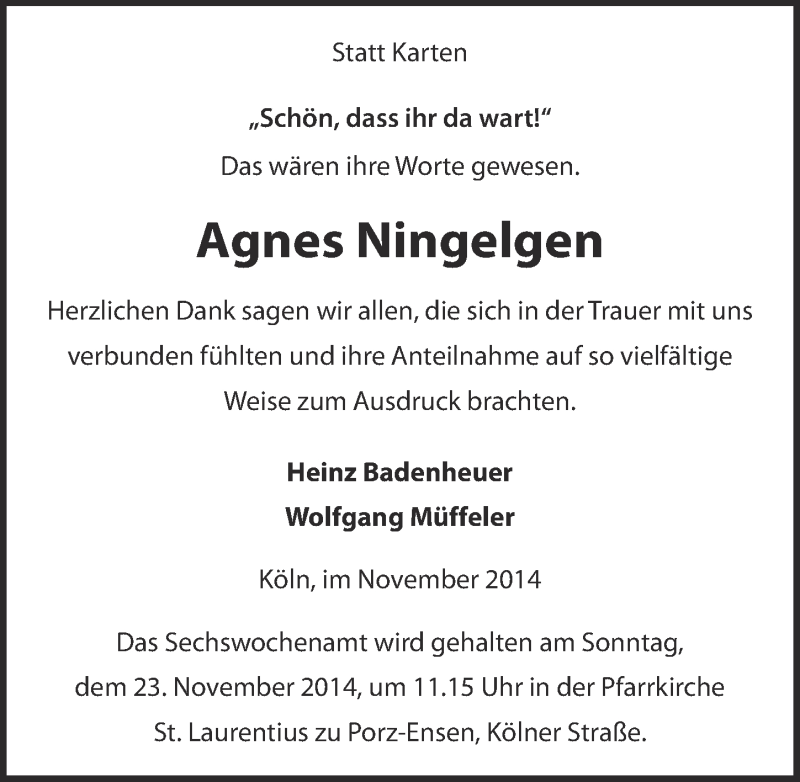  Traueranzeige für Agnes Ningelgen vom 12.11.2014 aus  Kölner Wochenspiegel 